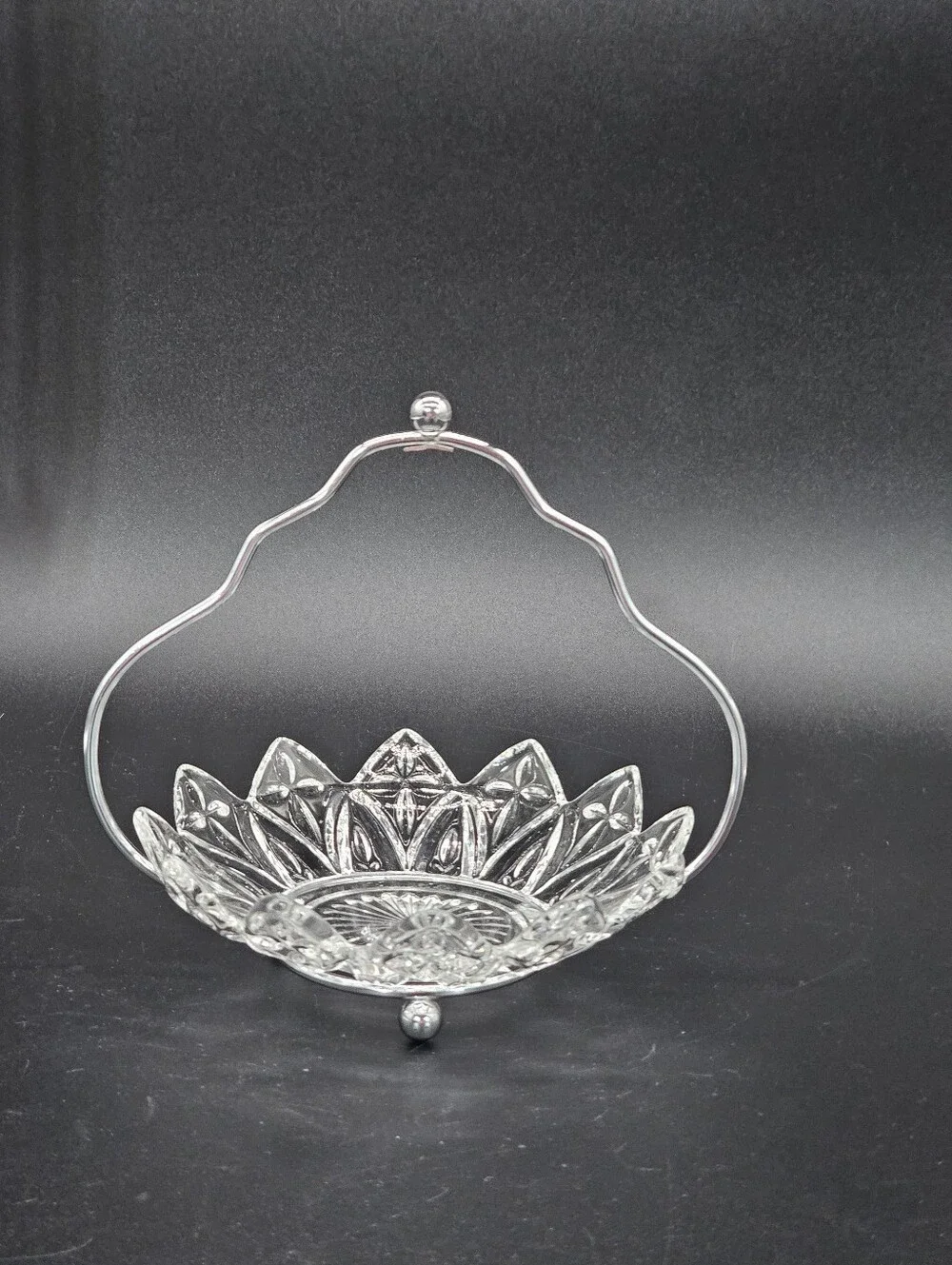Vintage Federal Glass Petal Clear Pressed Glass Candy Relish Dish with Chrome Ha